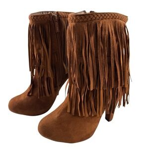 Breckelles Brown Fringe Ankle Boots Faux Suede Western Boho Size 8‎